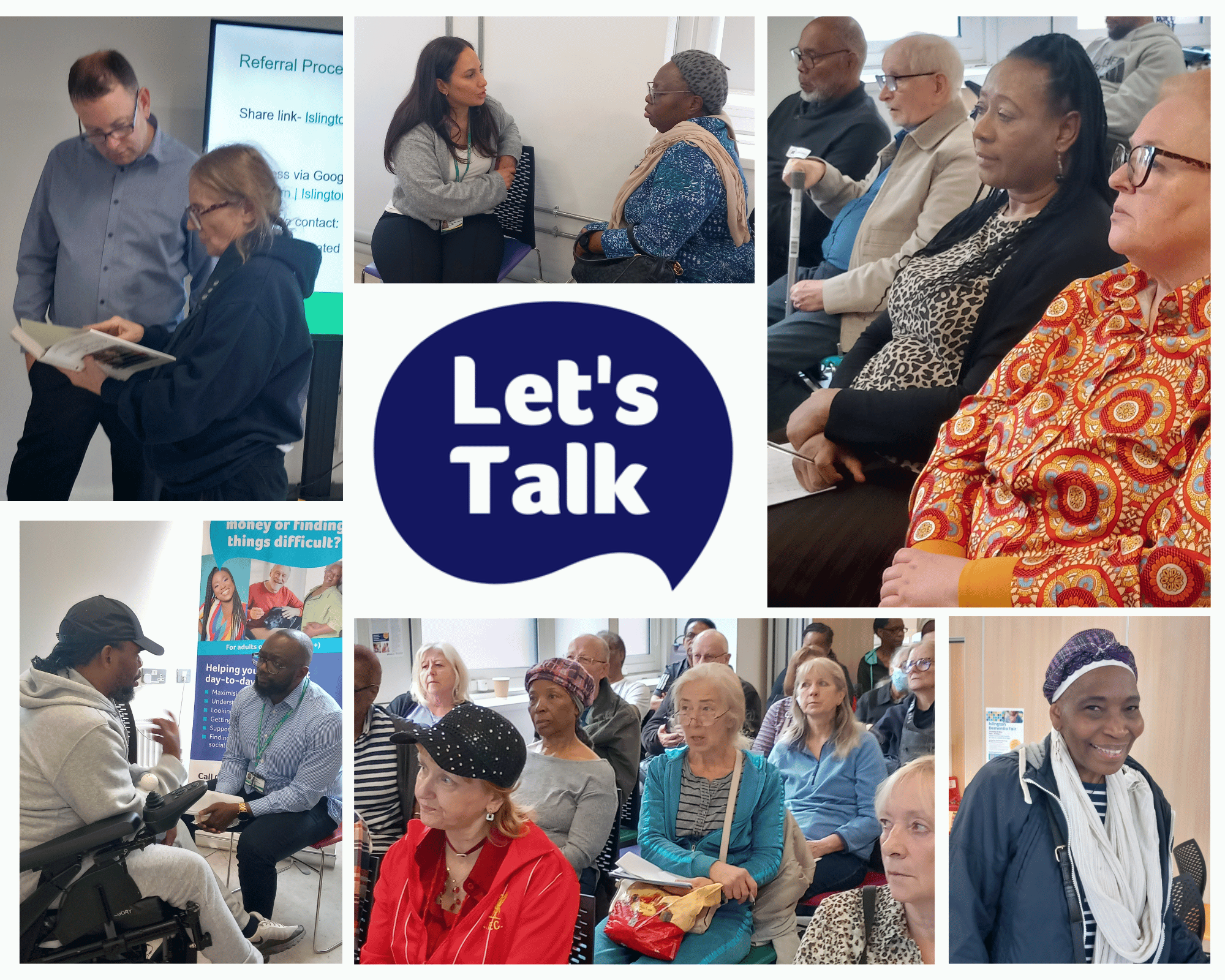 Diverse people sitting in the audience or talking individually to speakers from an event