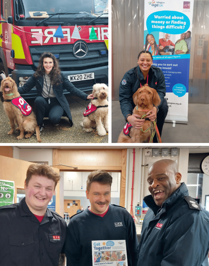 Fire engine, lady with 2 dogs, lady with dog, 3 firemen laughing with copy of Age UK Islington Get Together newsletter