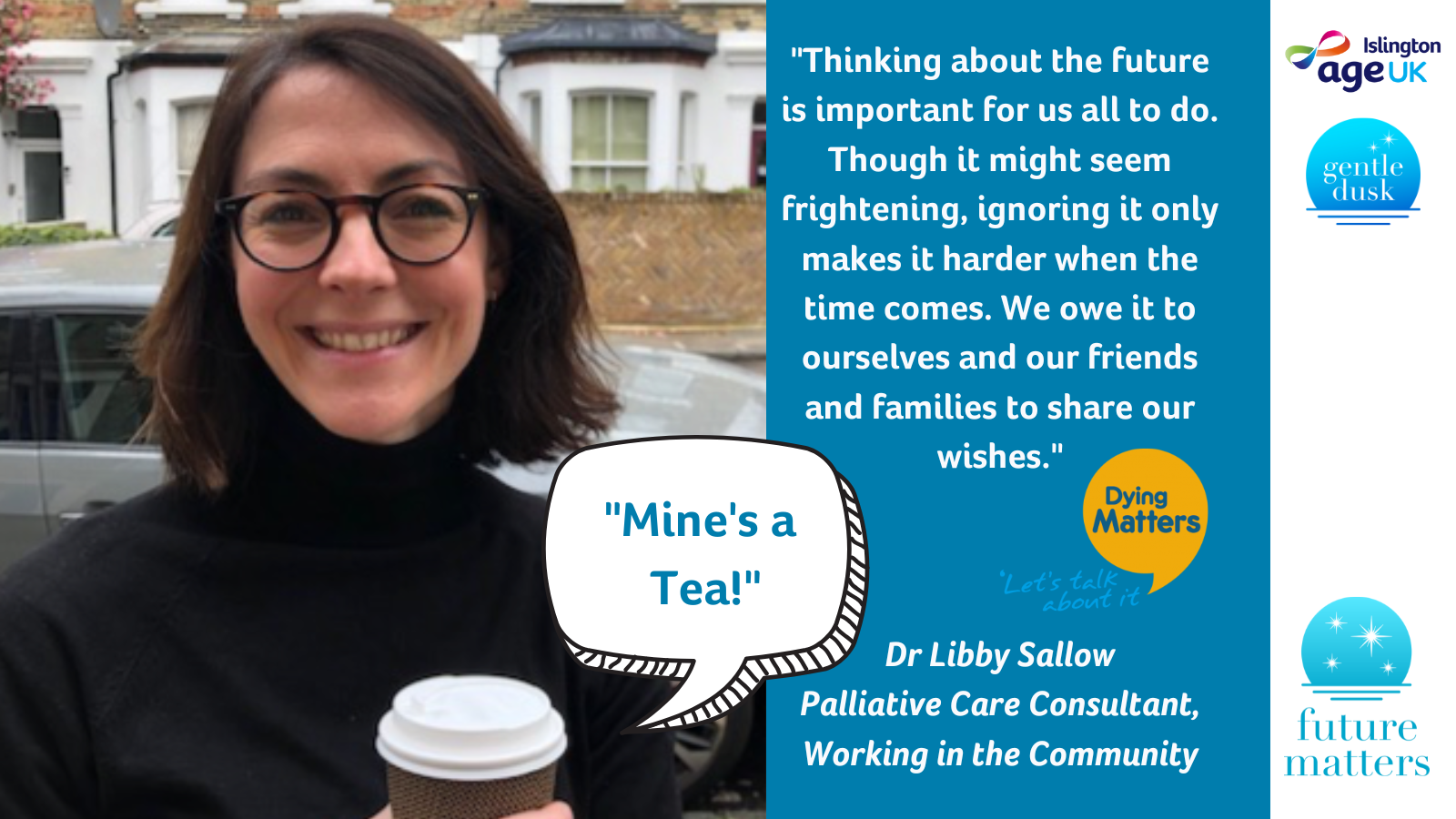 Dr Libby Sallow holding a tea on a residential street