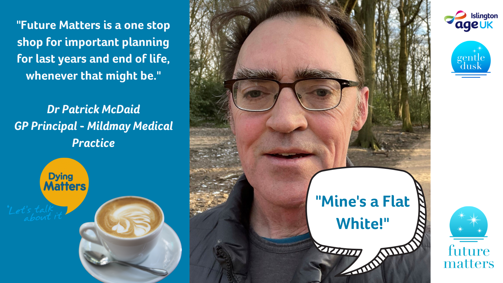 Dr Patrick McDaid and photo of a flat white coffee