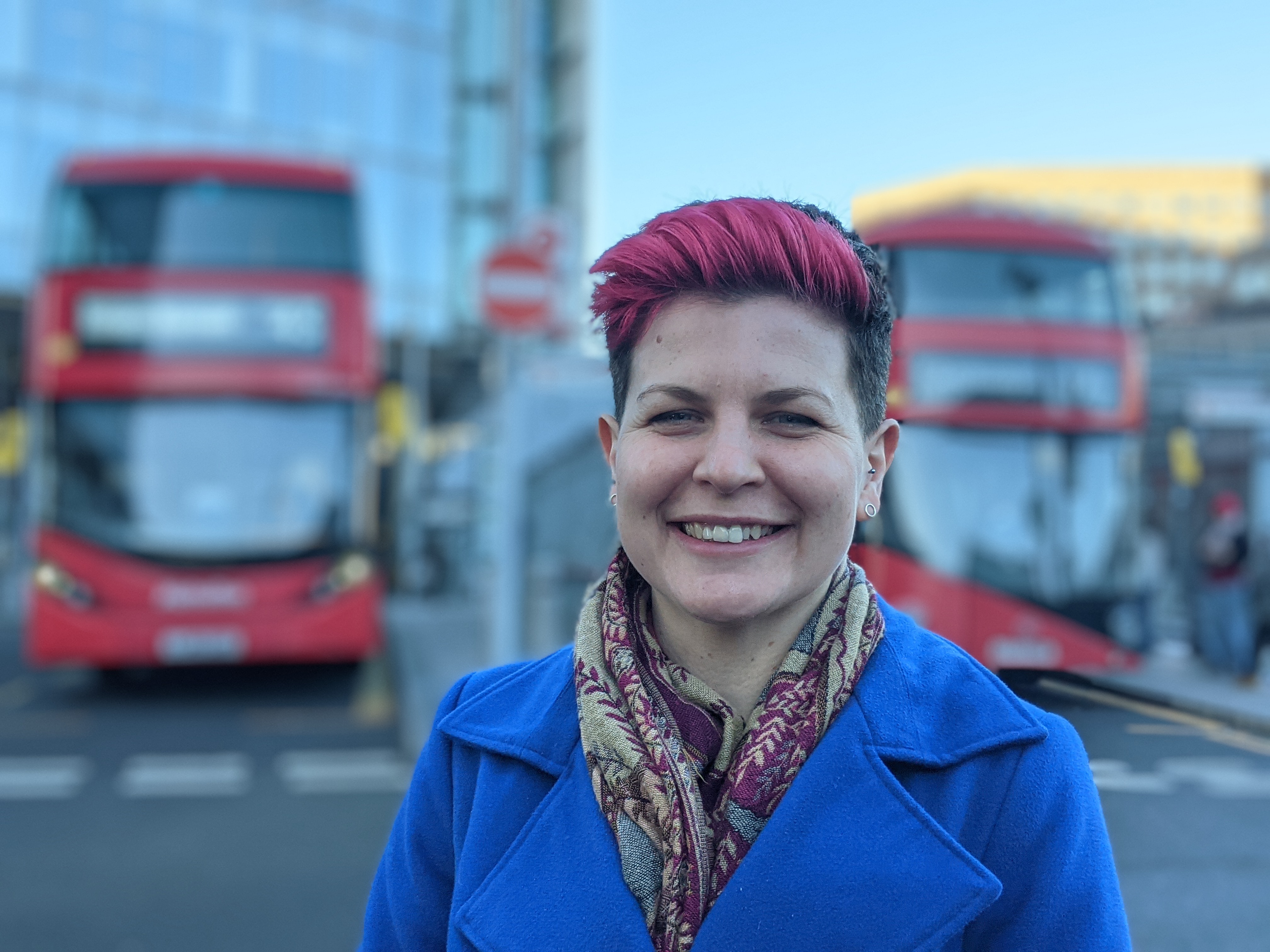 Zoe Gerbett with London Buses behind 