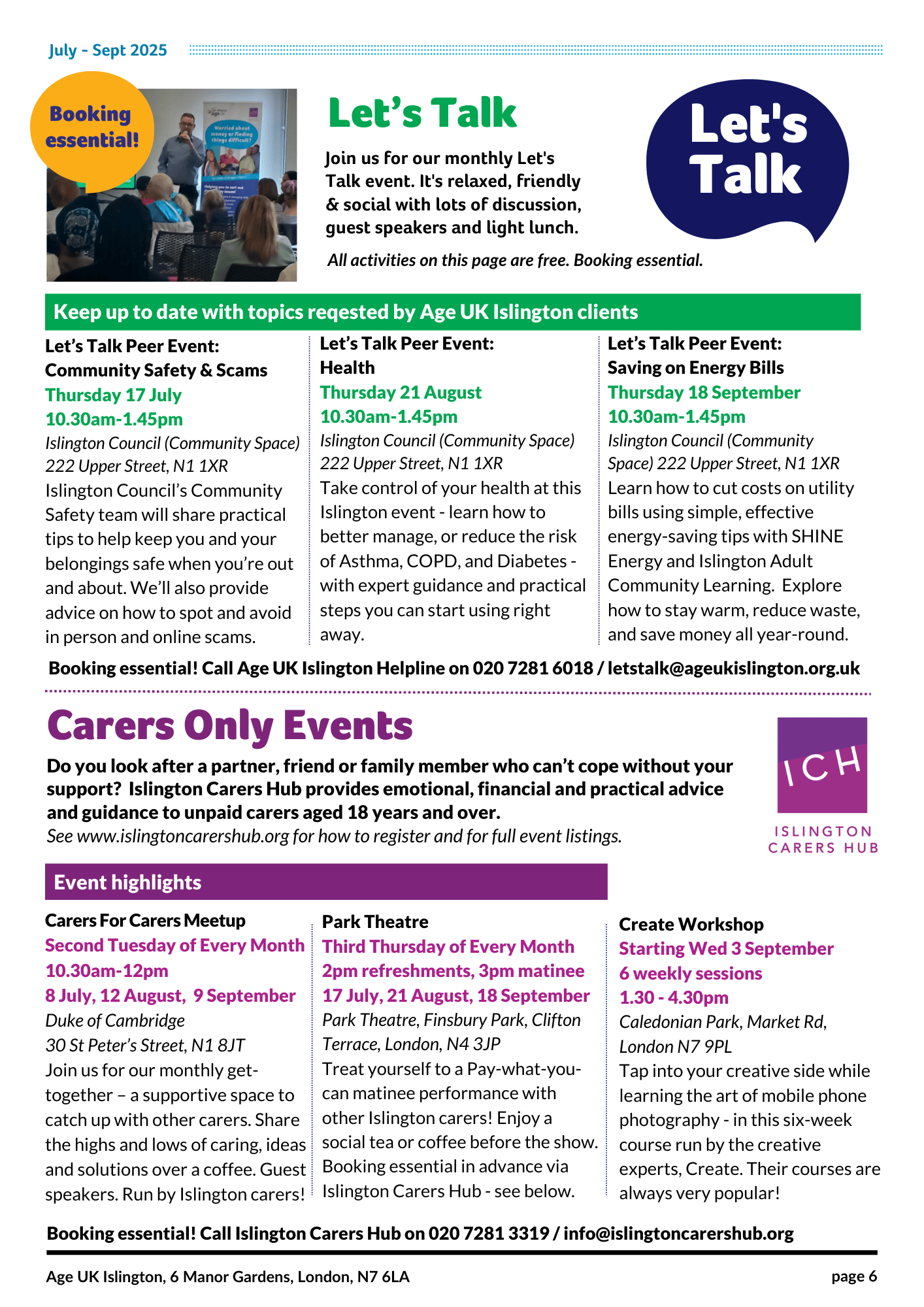 Lets Talk and Carers Events July to Sept 2025