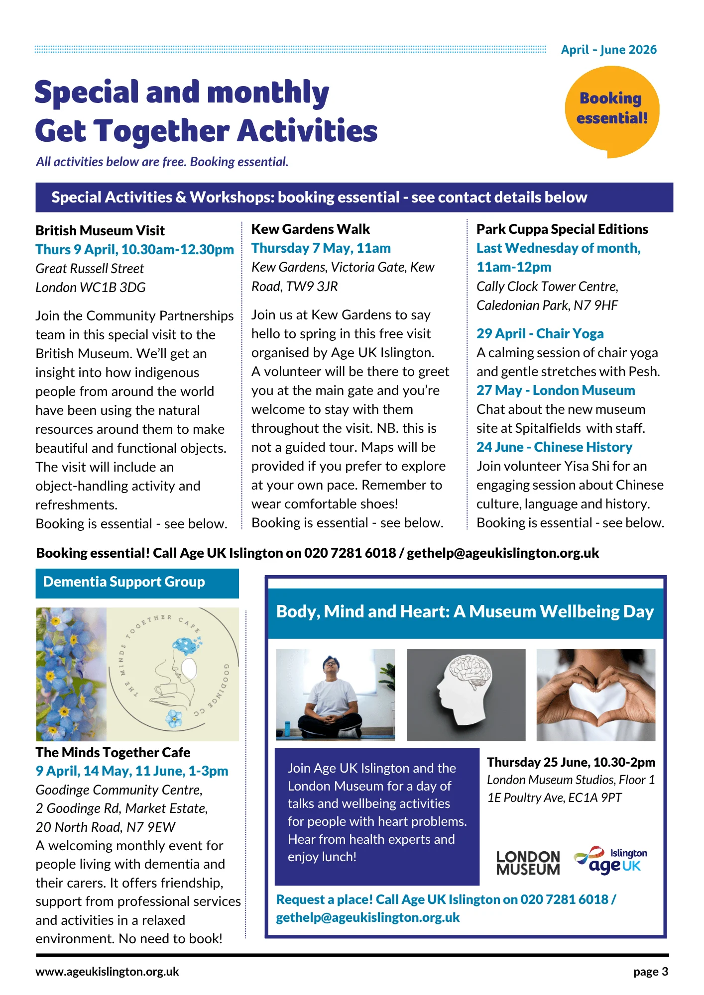 Age UK Islington Monthly partnership activities