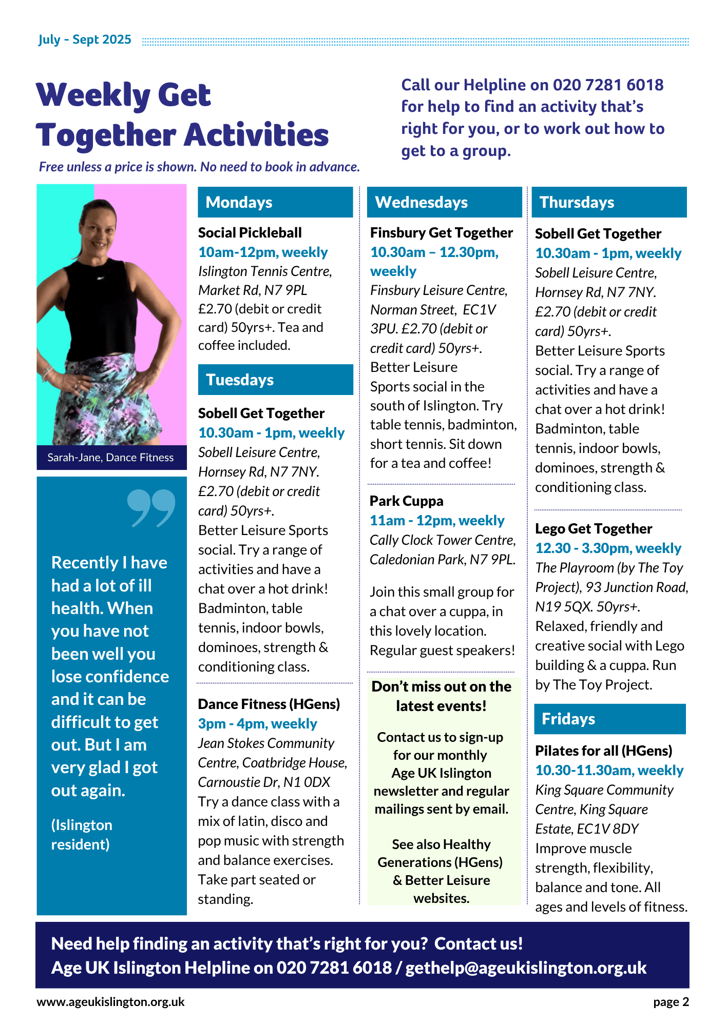 Weekly Get Together Activity Listings