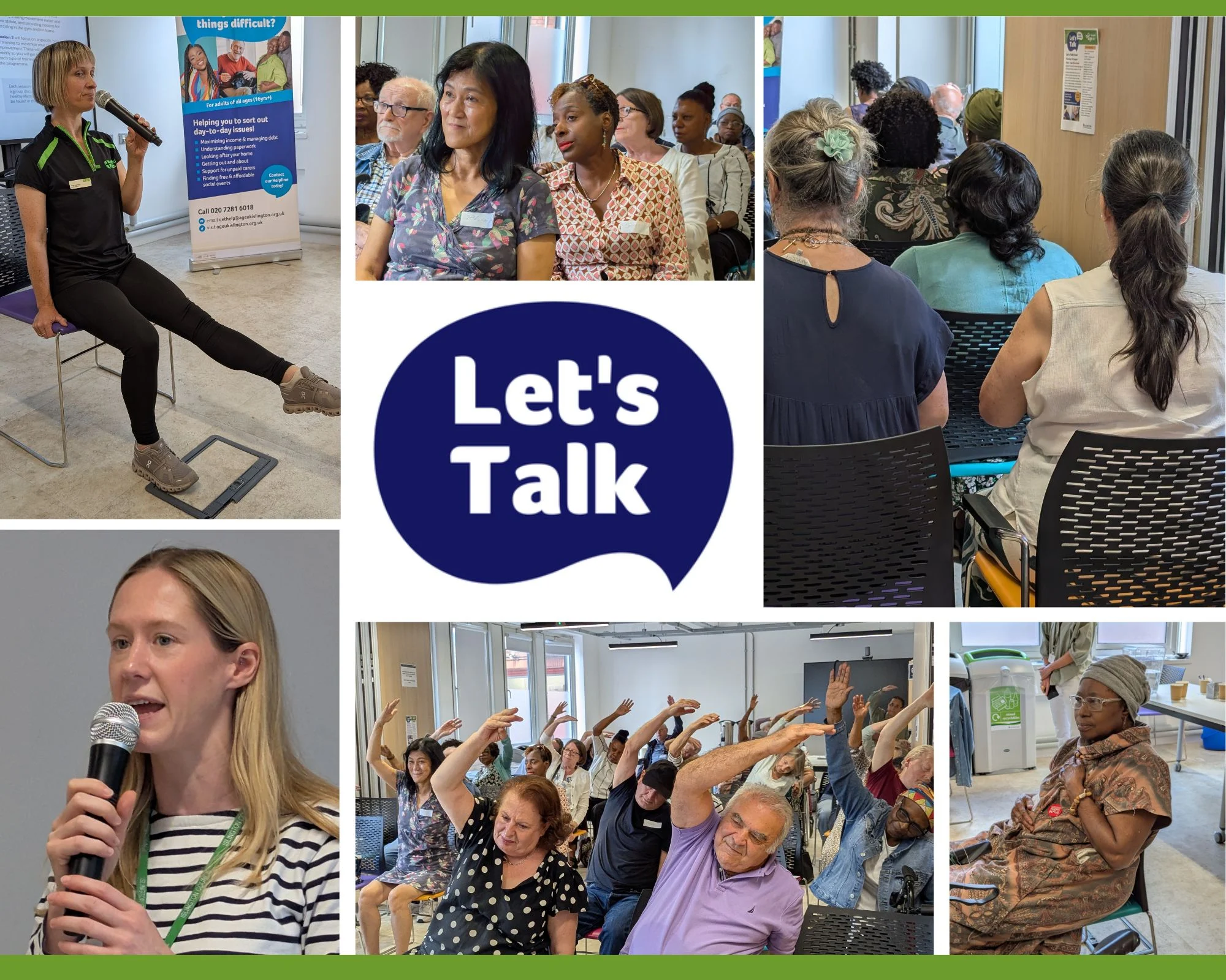 Collage of photos from Let's Talk event - speakers, audience, seated exercise