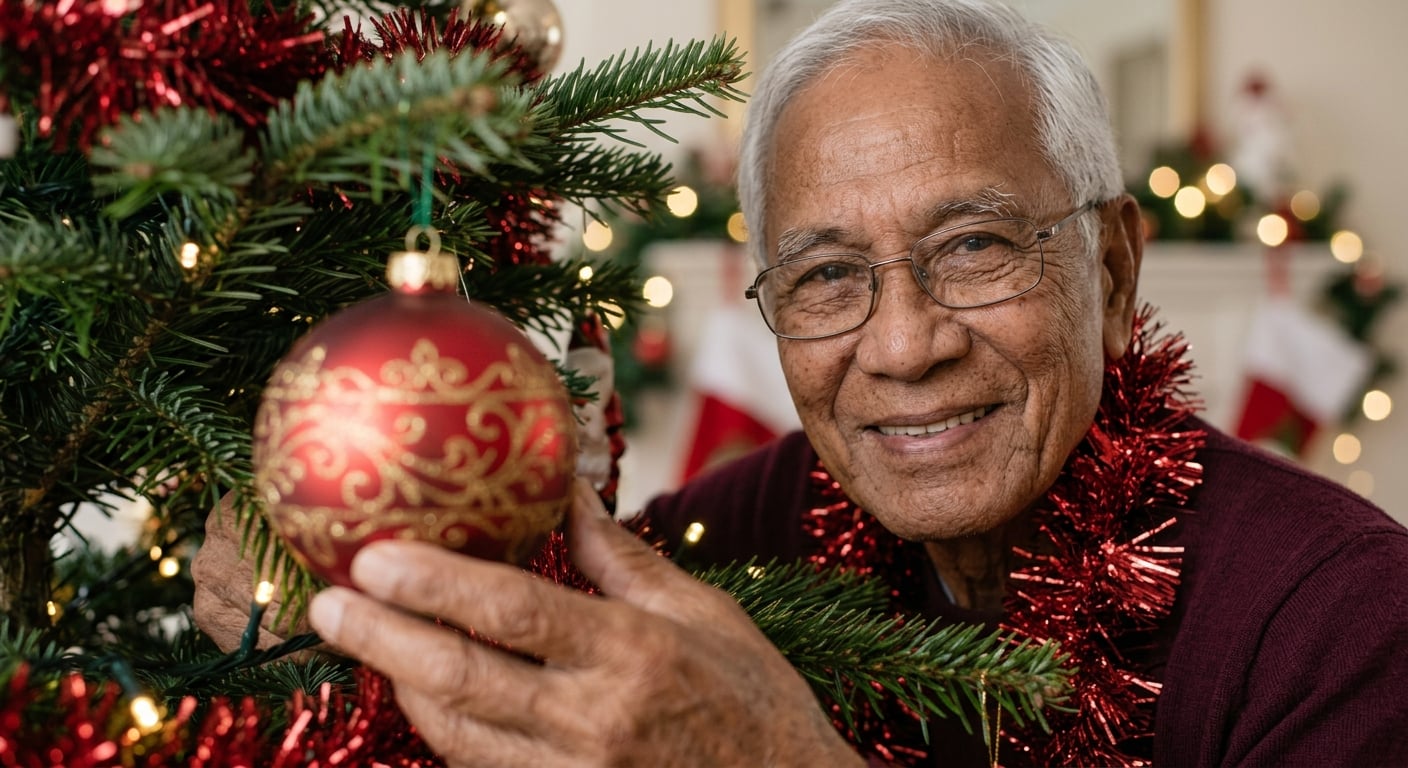 An older gentleman next to a Christmas tree