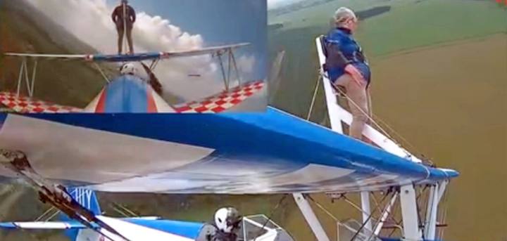 Christine Grundy undertaking a wing walk in aid of Age UK Shropshire Telford & Wrekin
