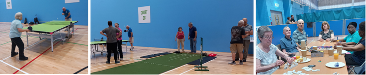 Older people playing badminton and dominoes