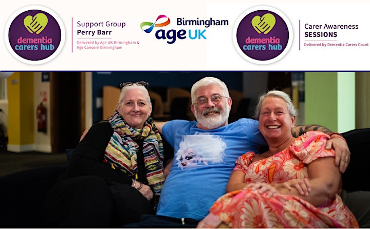 Carers' Hub Logos and 3 older people on a sofa