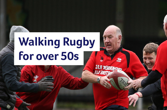Headline: Walking Rugby for the over 50's, with Age Uk Birmingham logo and older gentlemen in sports kit with a rugby ball