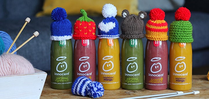 innocent smoothie bottles with little hats