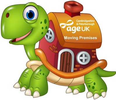 Smiling tortoise with shell in the shape of a house. Charity logo and new addresses