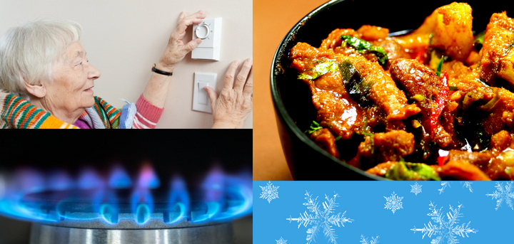 A collage of photos showing gas hob ring, a pot of stew, a lady in a blanket adjusting a wall mounted thermostat, on a background of snowflakes