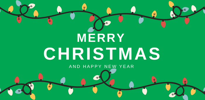 White wording on a green background saying Merry Christmas and a Happy New Year. Christmas lights border