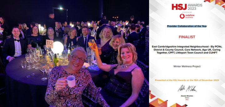 Group of staff all sitting round a table at an awards show. to the right is the certificate saying provider of the year finalist