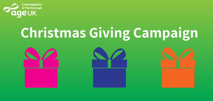 Graphic Image of 3 wrapped gifts, coloured pink, blue and orange on a green background.