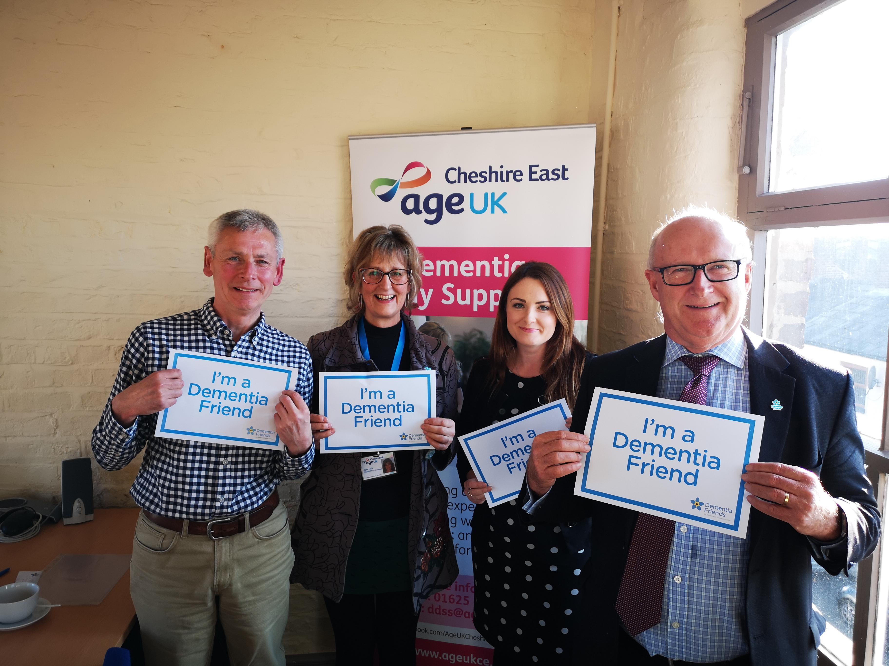 (L-R) Alan Stevenson, volunteer in the Charity’s Dementia Club, Jane Hall, Manager of the Charity’s Poynton Shop, together with Victoria Greenwood and Mark Whittell from North West Mediation Solutions, after becoming dementia friends.