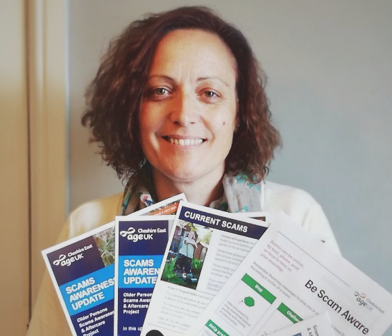 Sally Wilson, our Scams Awareness Project manager, with a range of information leaflets about avoiding scams available from the charity