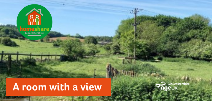 Picture of fields and a stream text reads a Room with a View