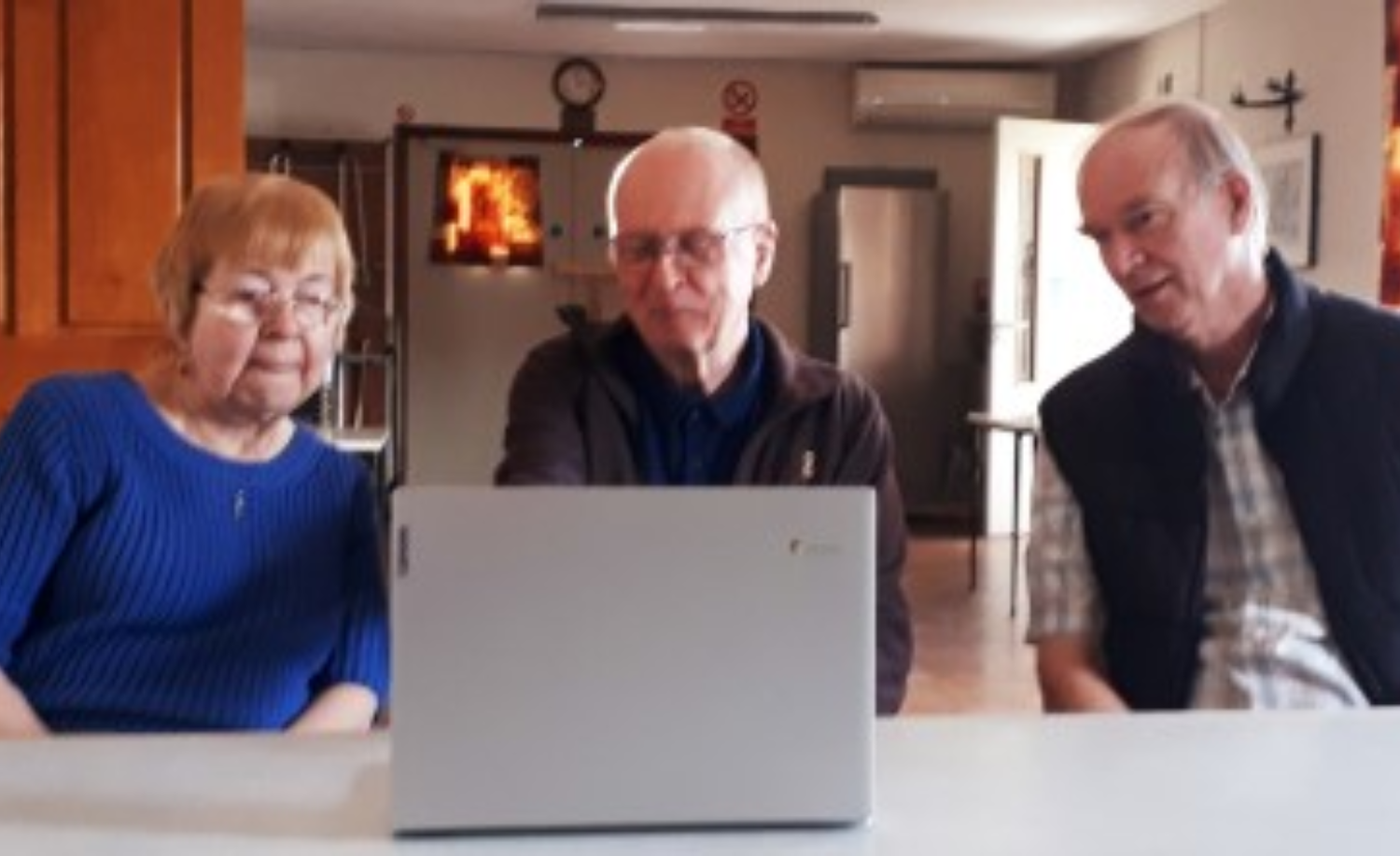 Picture of Betty, Phil Preston (Age UK volunteer) and Mike at the Ewyas Harold computer course