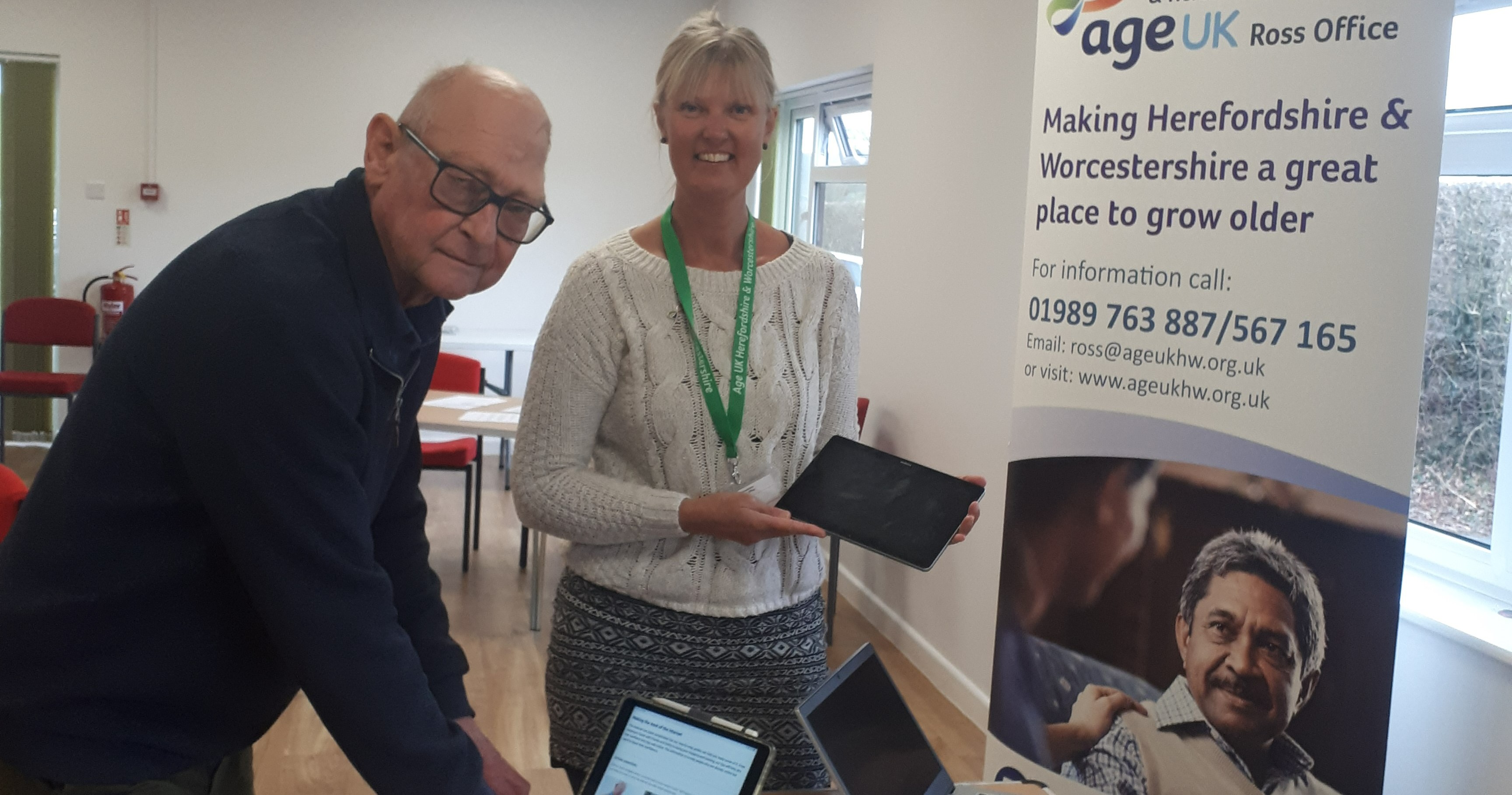Age UK Herefordshire & Worcestershire | Ian Stead, committee member at Dinedor Village Hall and Alison Fletcher, Digital Inclusion officer at Age UK Herefordshire & Worcestershire