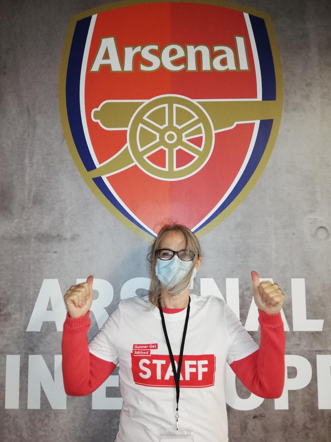 Sally Miller Age UK Islington CEO Helping at Arsenal COVID-19 Vaccination Event