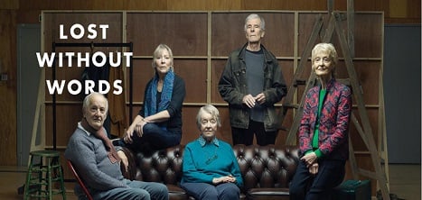 5 actors from the play sit around a sofa in a promotional shot.