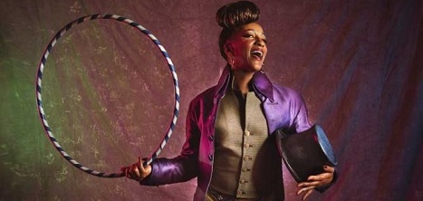 A circus ringleader holding a top hat and a hula hoop