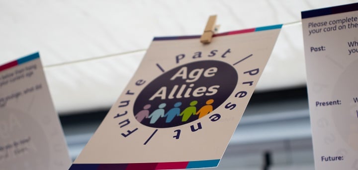 A photo of a set of 3 cards pinned to a washing line. The middle card reads age allies