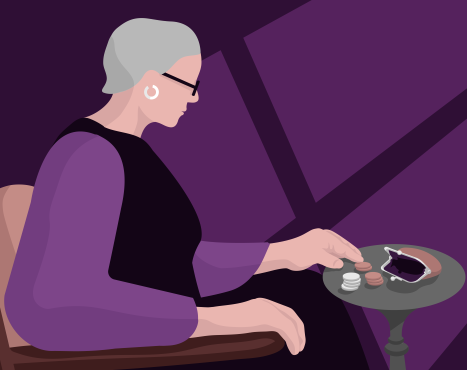 Illustration of older woman with grey hair sitting in chair counting money from purse