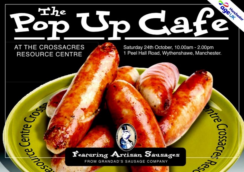 The Pop Up Café poster, showing succulent sausages on a green plate.