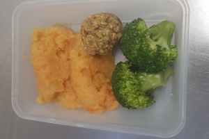  Broccoli with mashed swede and stuffing ball.