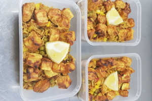 Tofu marinated in a Tikka spice served with fried rice.