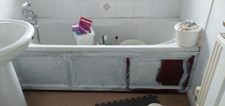 Bath panel in the process of being repainted.