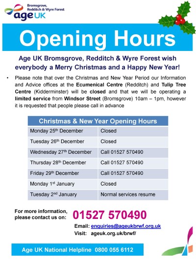 Age UK BRWF Christmas 2017 Opening Hours