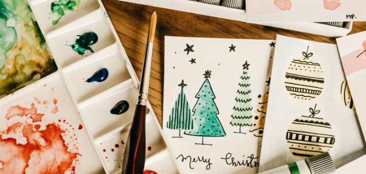 Christmas cards and watercolour paints