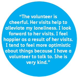 The volunteer is cheerful. Her visits help to alleviate my loneliness. I look forward to her visits. I feel happier as a result of her visits.  I tend to feel more optimistic about things because I have a volunteer to talk to. She is very kind.