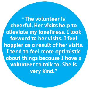 The volunteer is cheerful. Her visits help to alleviate my loneliness. I look forward to her visits. I feel happier as a result of her visits.  I tend to feel more optimistic about things because I have a volunteer to talk to. She is very kind.