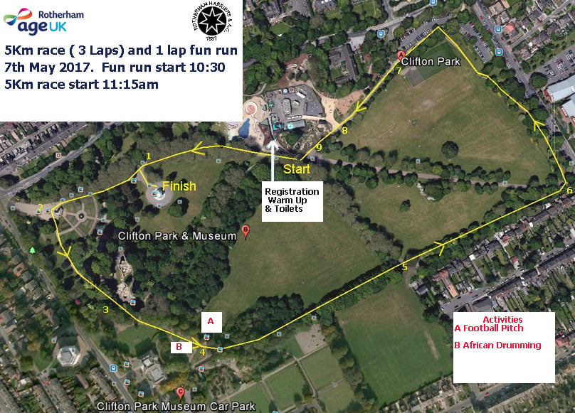 Rotherham Love Later Life run course map showing placement of activities