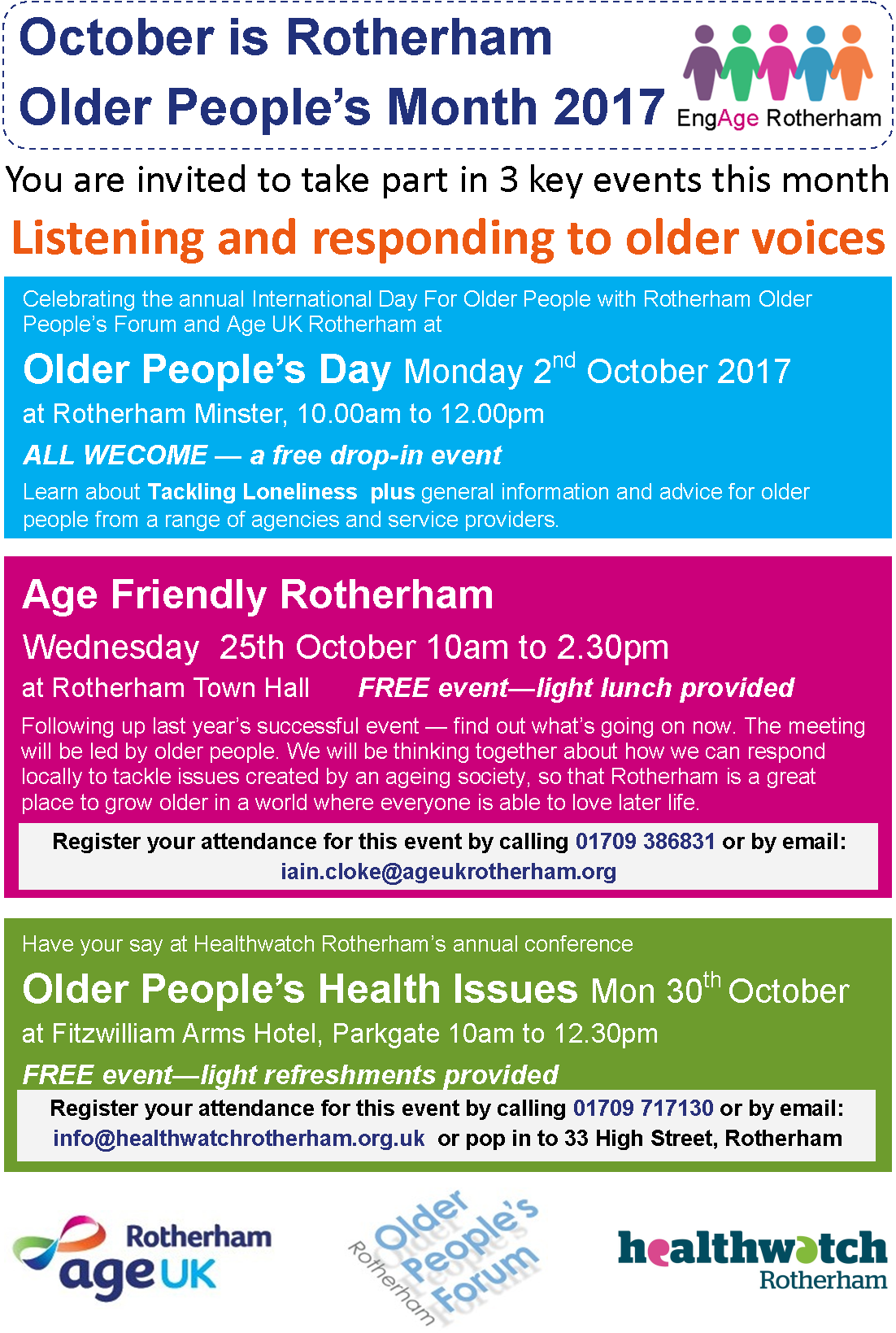 Information about three key events being held during Rotherham Older People's Month 2017