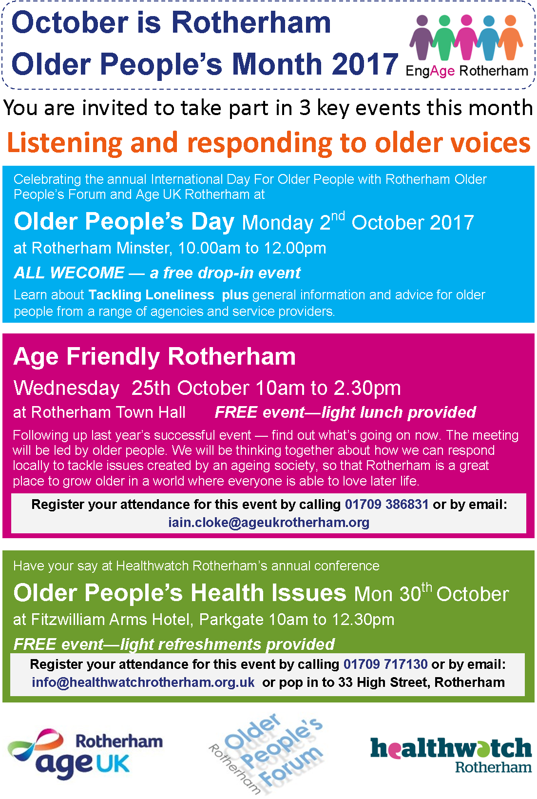 Information about three key events being held during Rotherham Older People's Month 2017