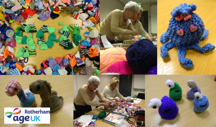 Photo montage of Big Knit hats and knit and natter group activities