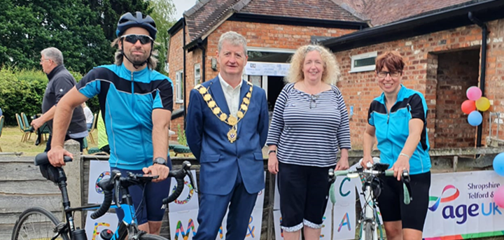 Emma and Dean with Chief Executive of Age UK Shropshire Telford & Wrekin Heather Osborne and the Mayor of Shrewsbury