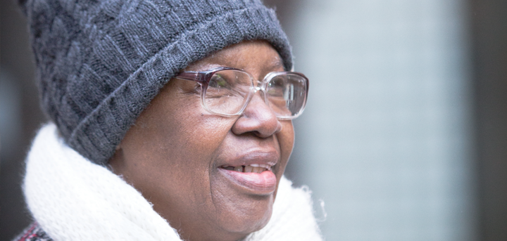 Older woman wearing a woolly hat