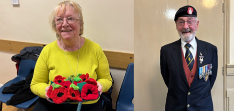 Irene Lewis with a few of her knitted poppies and Kevin Dempsey, from the Royal British Legion.