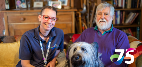Home Support Worker Clare, with David and Barra the dog