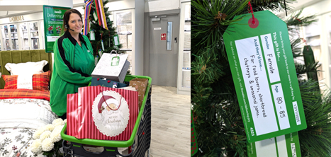 Tracey Stevens, Store Manager with donated gifts and  a close up of a festive gift label