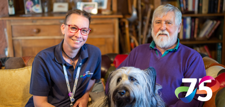 Home Support Worker Clare, with David and Barra the dog