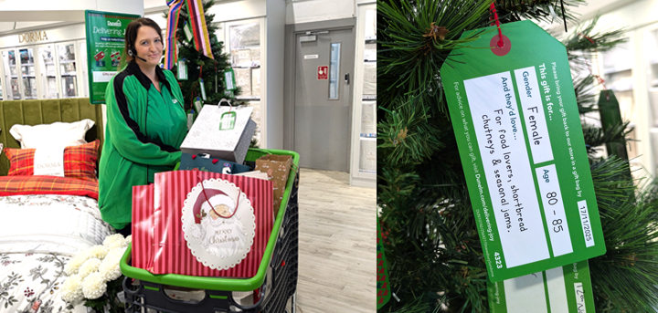 Tracey Stevens, Store Manager with donated gifts and  a close up of a festive gift label