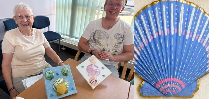 Craft group members with their creations and a close up of one a decoarted shell